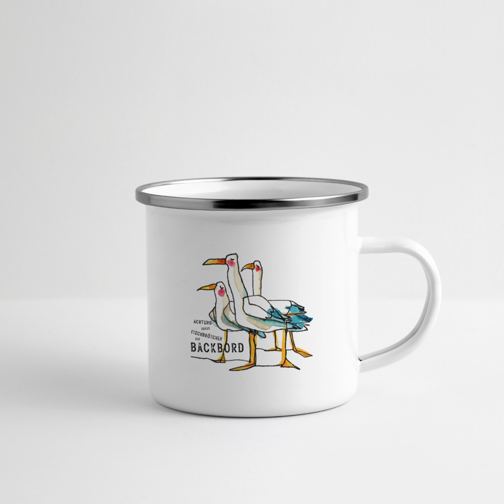 Fischbrötchen – Maritime Emaille-Tasse mit Möwen-Spionen - Weiß