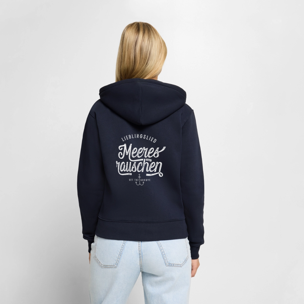 Lieblingslied Meeresrauschen. Maritime Frauen Premium Kapuzenjacke für Meerliebhaber. - Navy