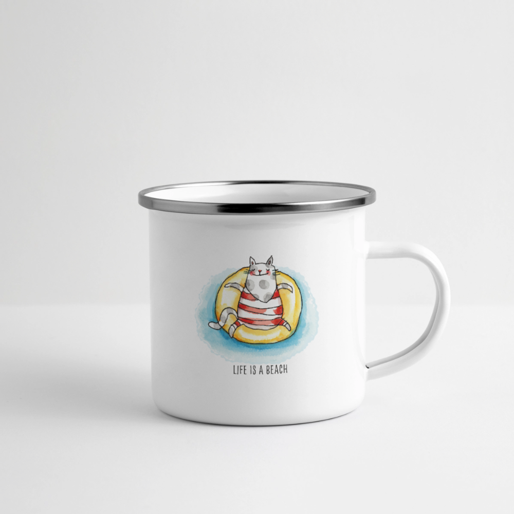 Strandkatze, Life is a beach – Maritime Emaille-Tasse für Meerliebhaber - Weiß