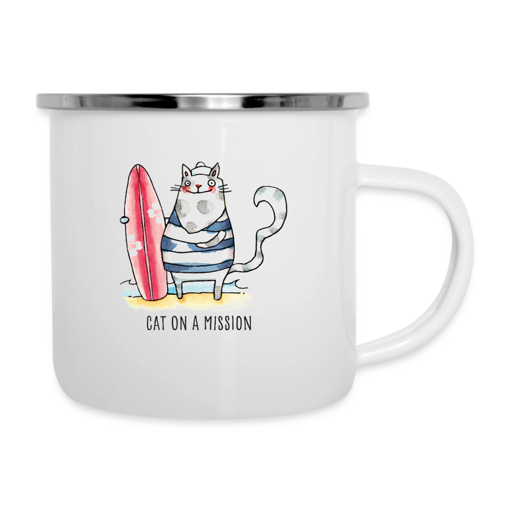 Strandkatze, Cat on a Mission – Emaille-Tasse für alle mit Fernweh im Blick - Weiß