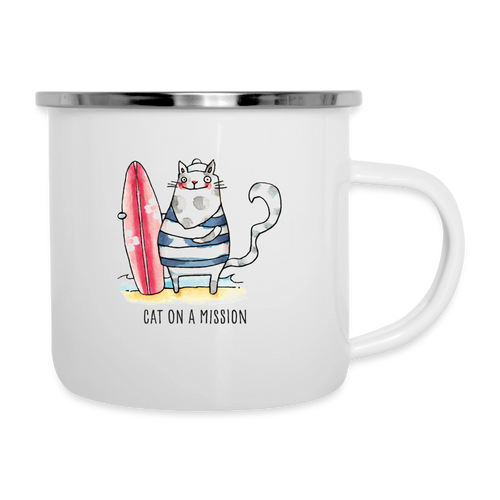 Strandkatze, Cat on a Mission – Emaille-Tasse für alle mit Fernweh im Blick - Weiß
