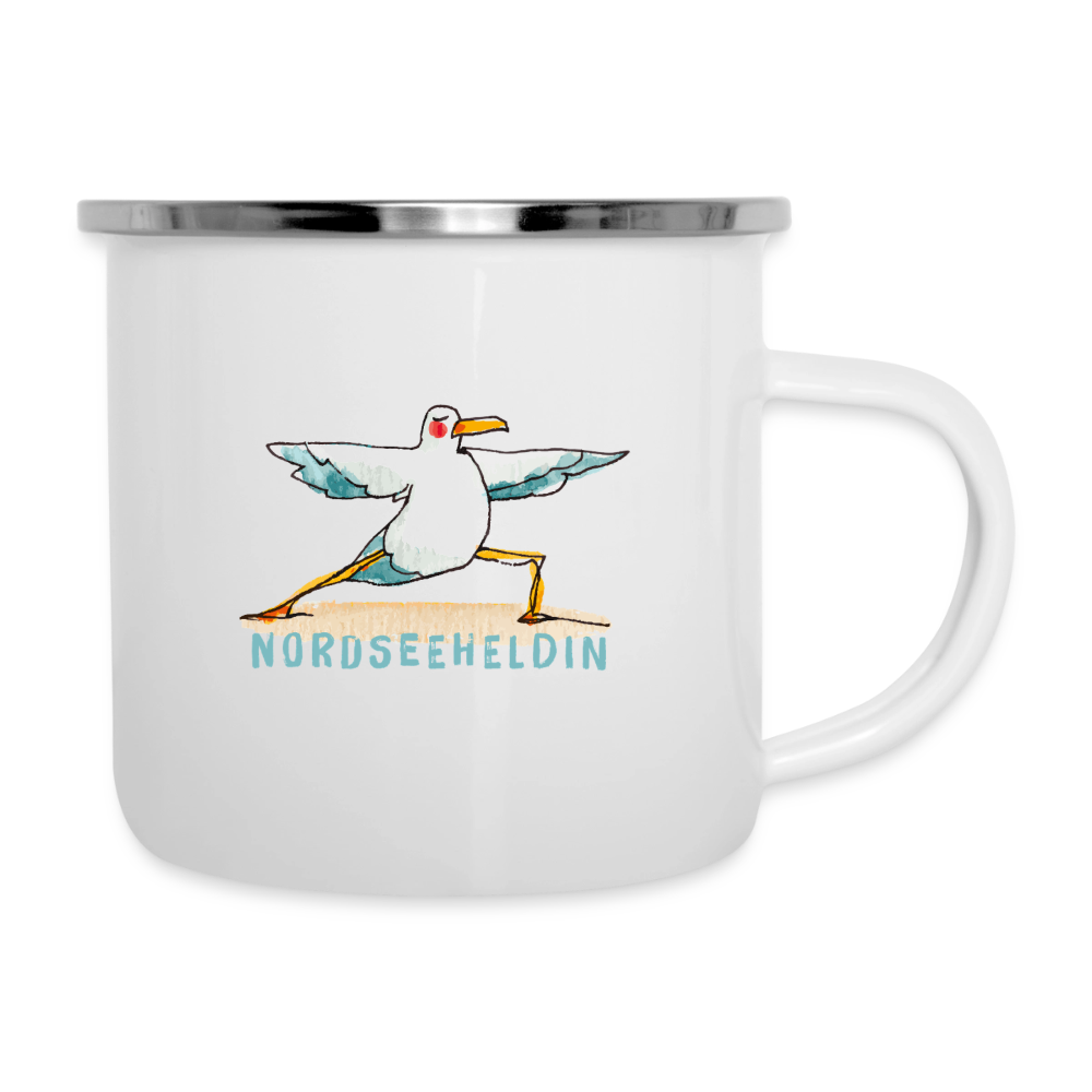 Yoga Möwe Nordseeheldin – Maritime Emaille-Tasse - Weiß