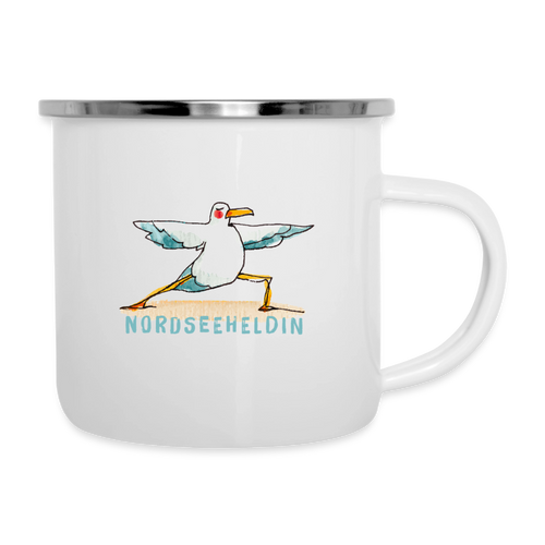 Yoga Möwe Nordseeheldin – Maritime Emaille-Tasse - Weiß