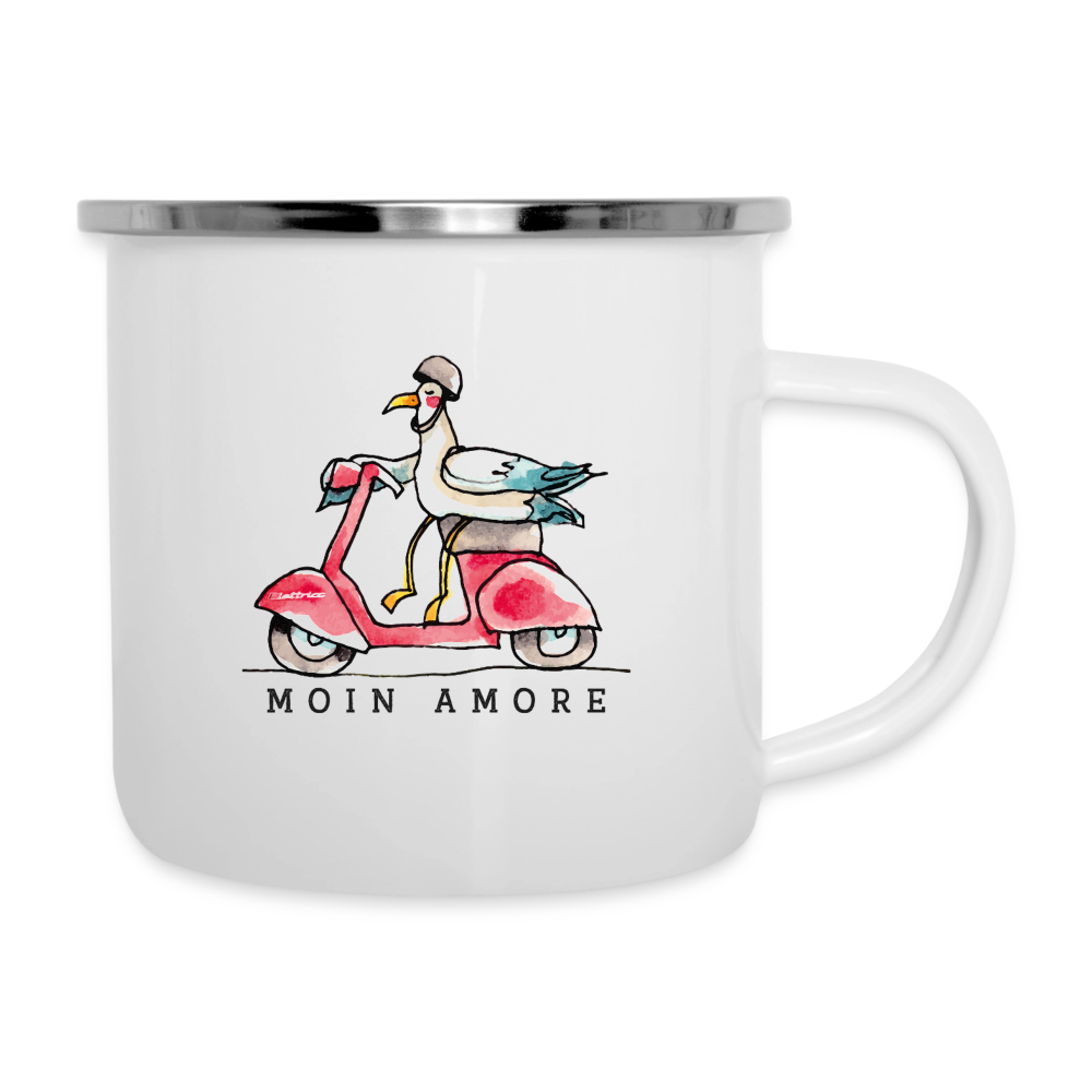 Moin Amore – Maritime Emaille-Tasse mit Vespa-Möwe - Weiß