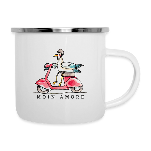 Moin Amore – Maritime Emaille-Tasse mit Vespa-Möwe - Weiß