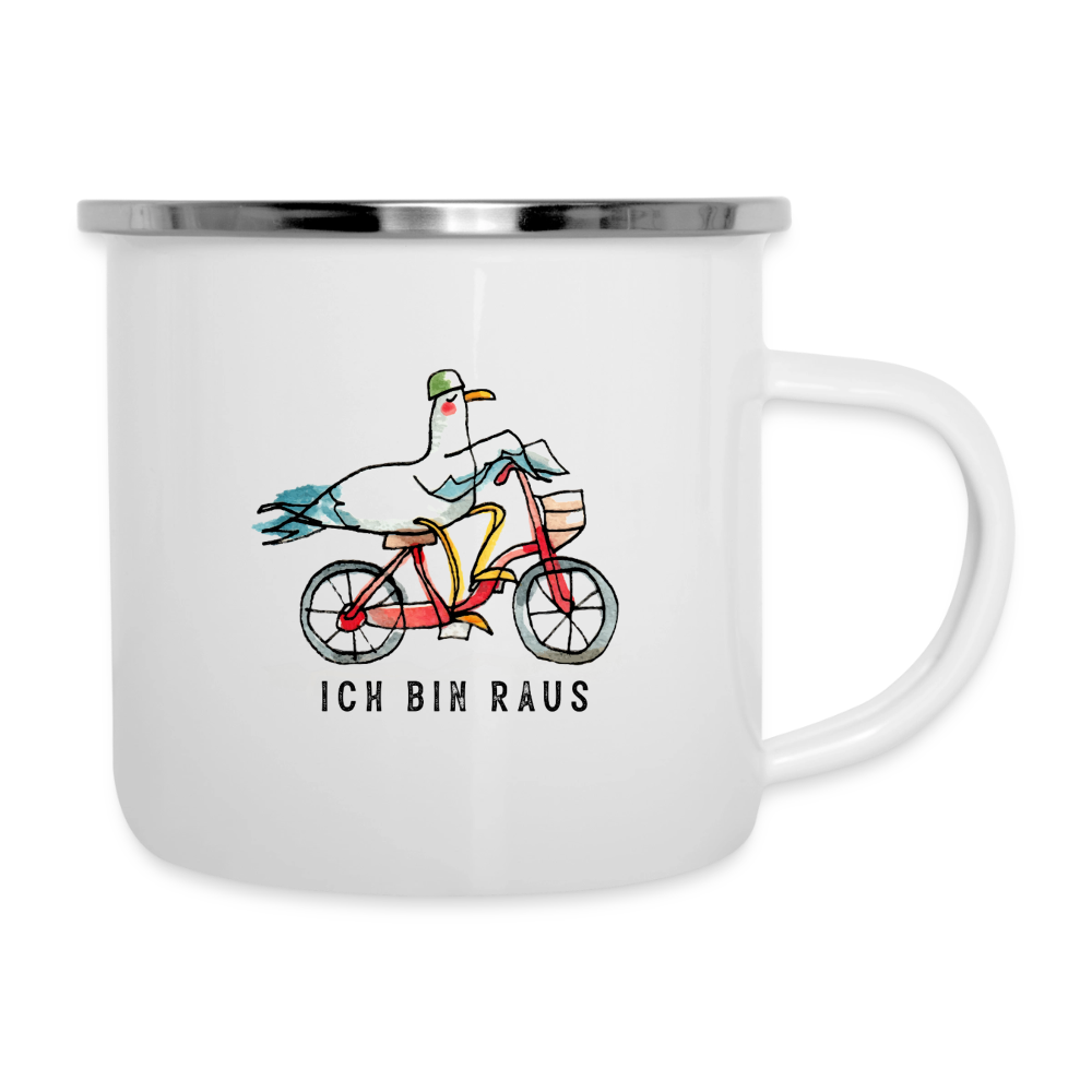 Ich bin raus – Maritime Emaille-Tasse mit Möwenmotiv - Weiß