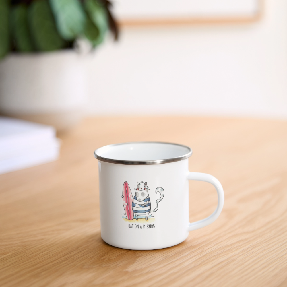 Strandkatze, Cat on a Mission – Emaille-Tasse für alle mit Fernweh im Blick - Weiß