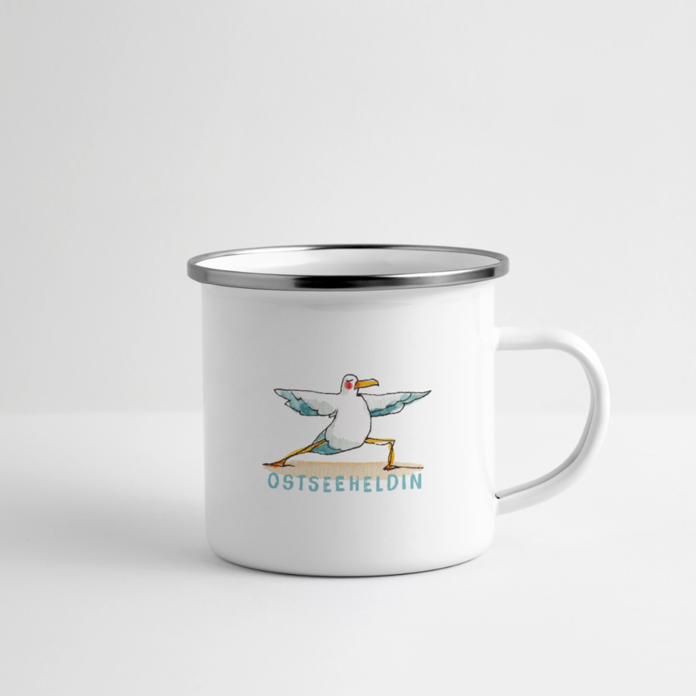 Yoga Möwe Ostseeheldin – Maritime Emaille-Tasse - Weiß