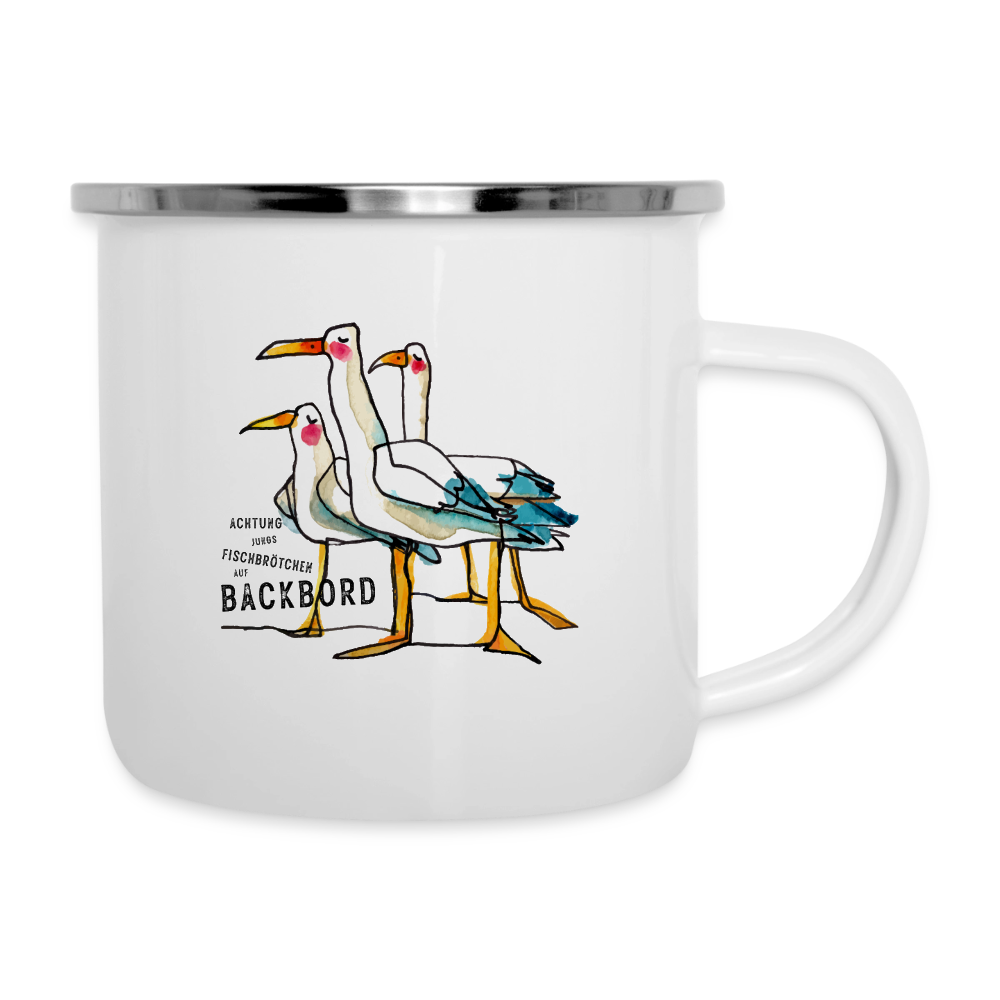 Fischbrötchen – Maritime Emaille-Tasse mit Möwen-Spionen - Weiß
