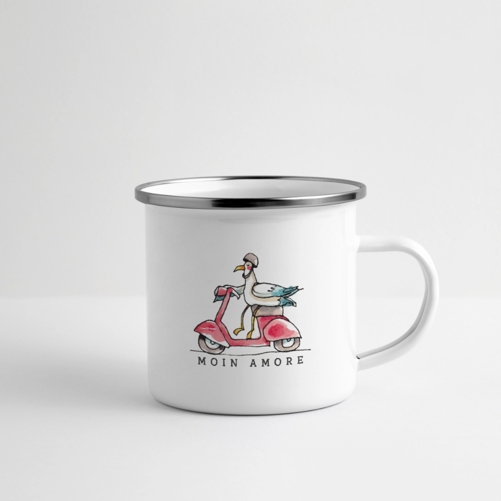 Moin Amore – Maritime Emaille-Tasse mit Vespa-Möwe - Weiß