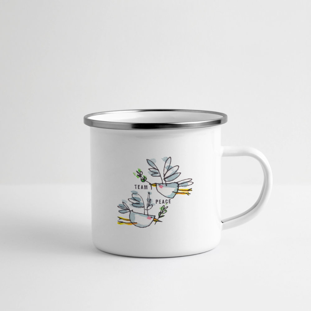 Team Peace – Maritime Emaille-Tasse mit Friedensbotschaft - Weiß