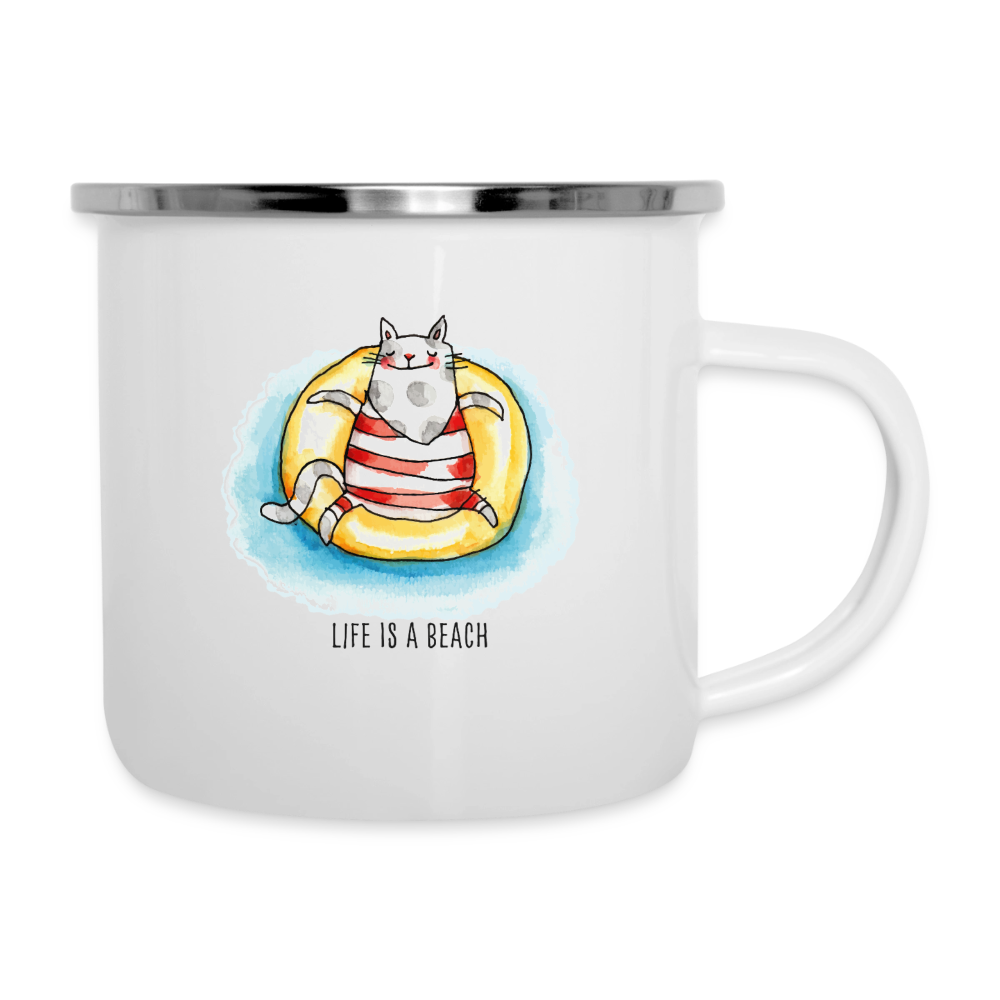 Strandkatze, Life is a beach – Maritime Emaille-Tasse für Meerliebhaber - Weiß