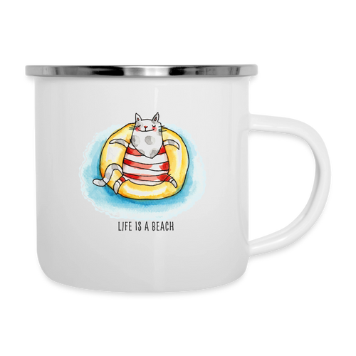 Strandkatze, Life is a beach – Maritime Emaille-Tasse für Meerliebhaber - Weiß