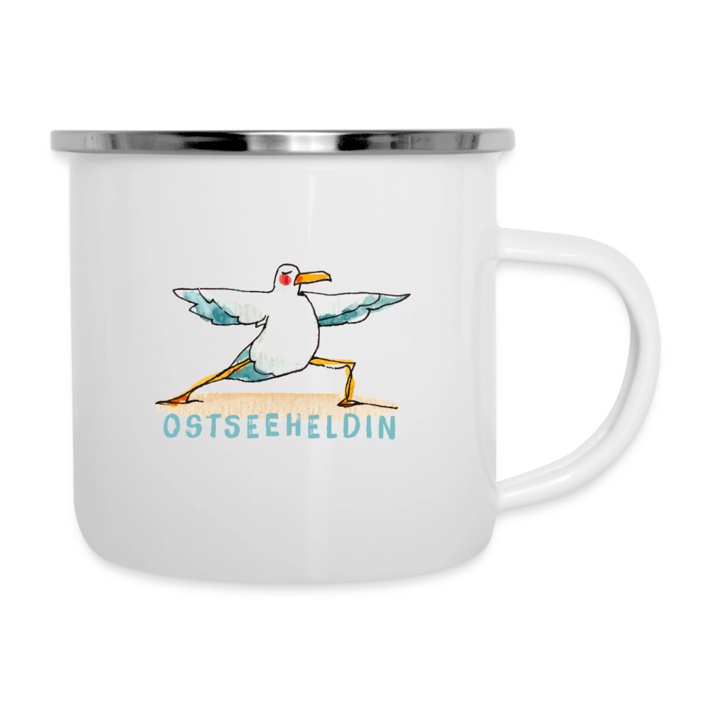 Yoga Möwe Ostseeheldin – Maritime Emaille-Tasse - Weiß