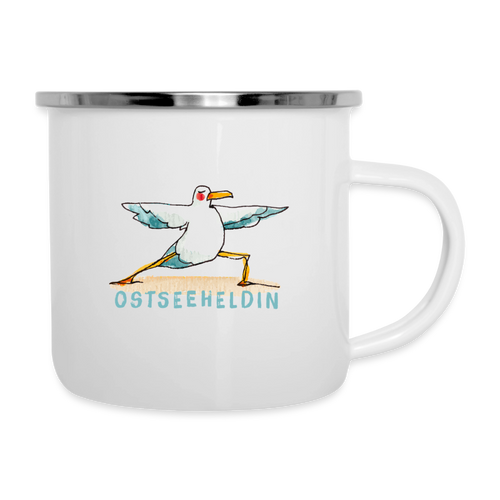 Yoga Möwe Ostseeheldin – Maritime Emaille-Tasse - Weiß
