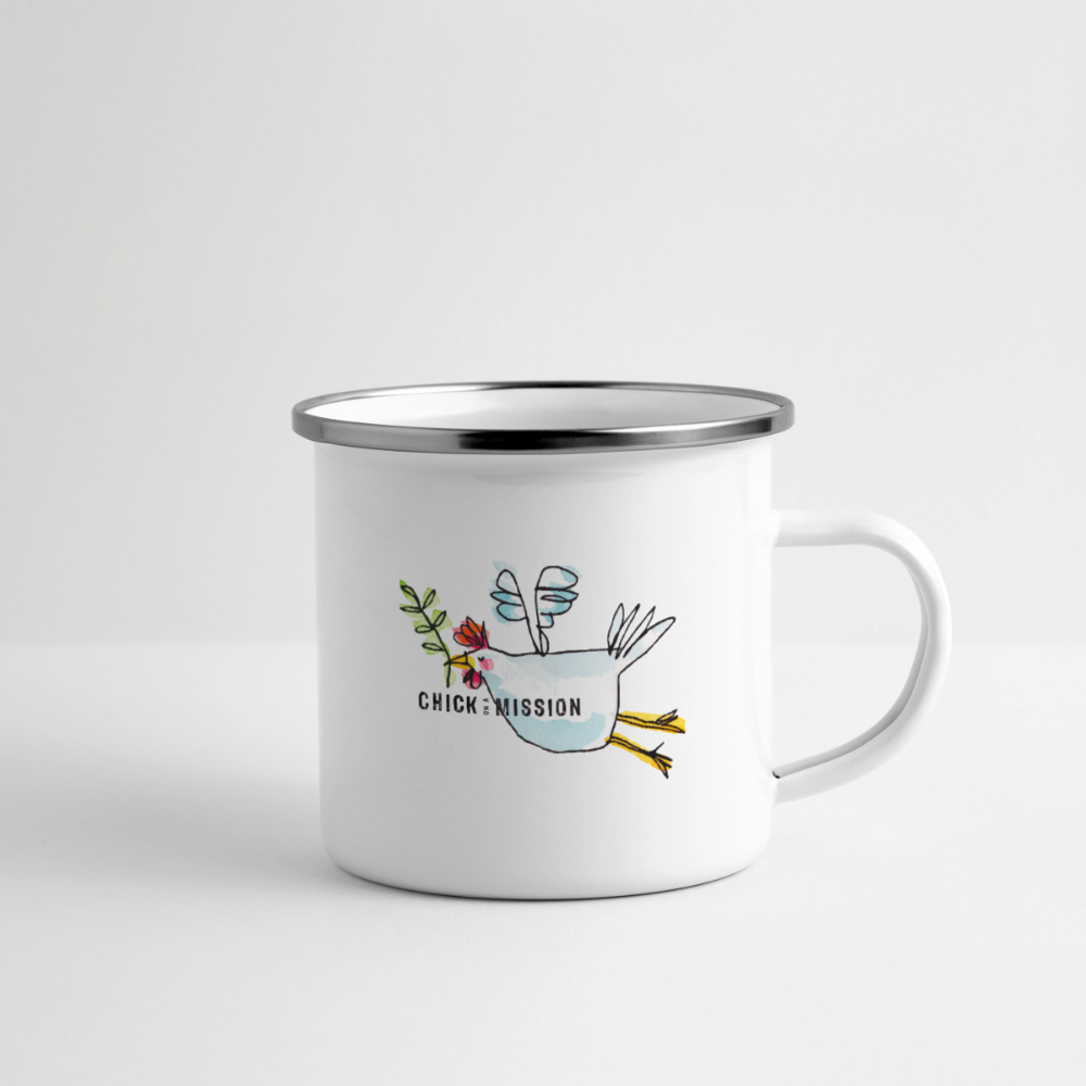 Chick on a Mission – Maritime Emaille-Tasse mit Friedenshuhn - Weiß