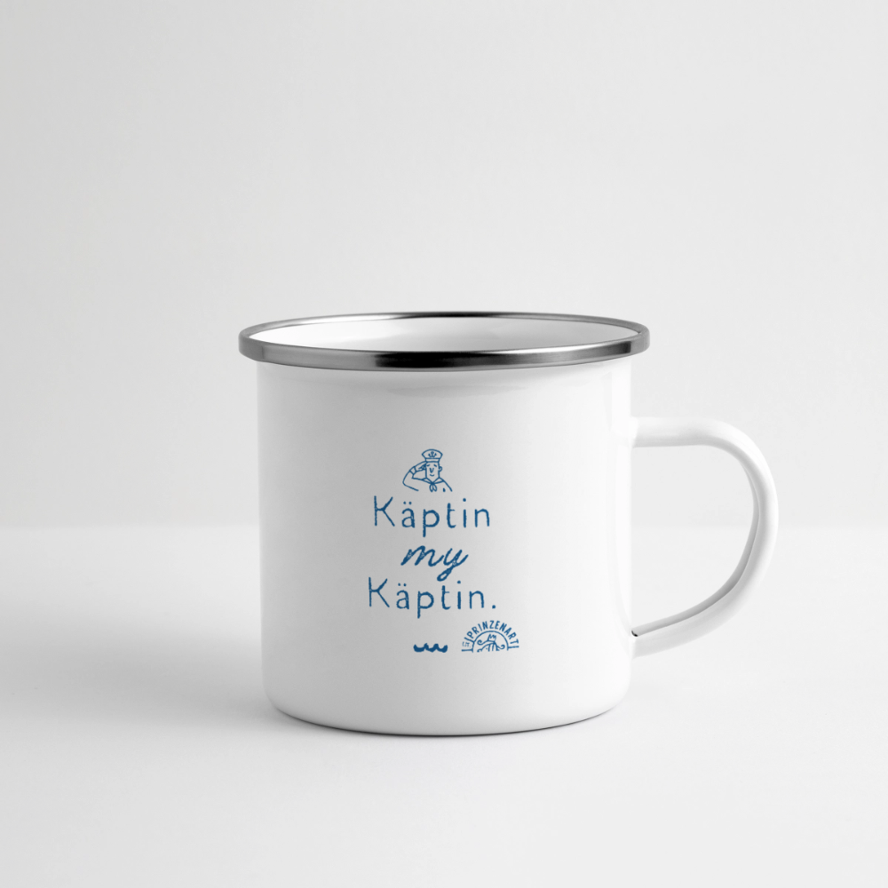 Käptin my Käptin. Maritime Emaille-Tasse für Meerliebhaber. - Weiß