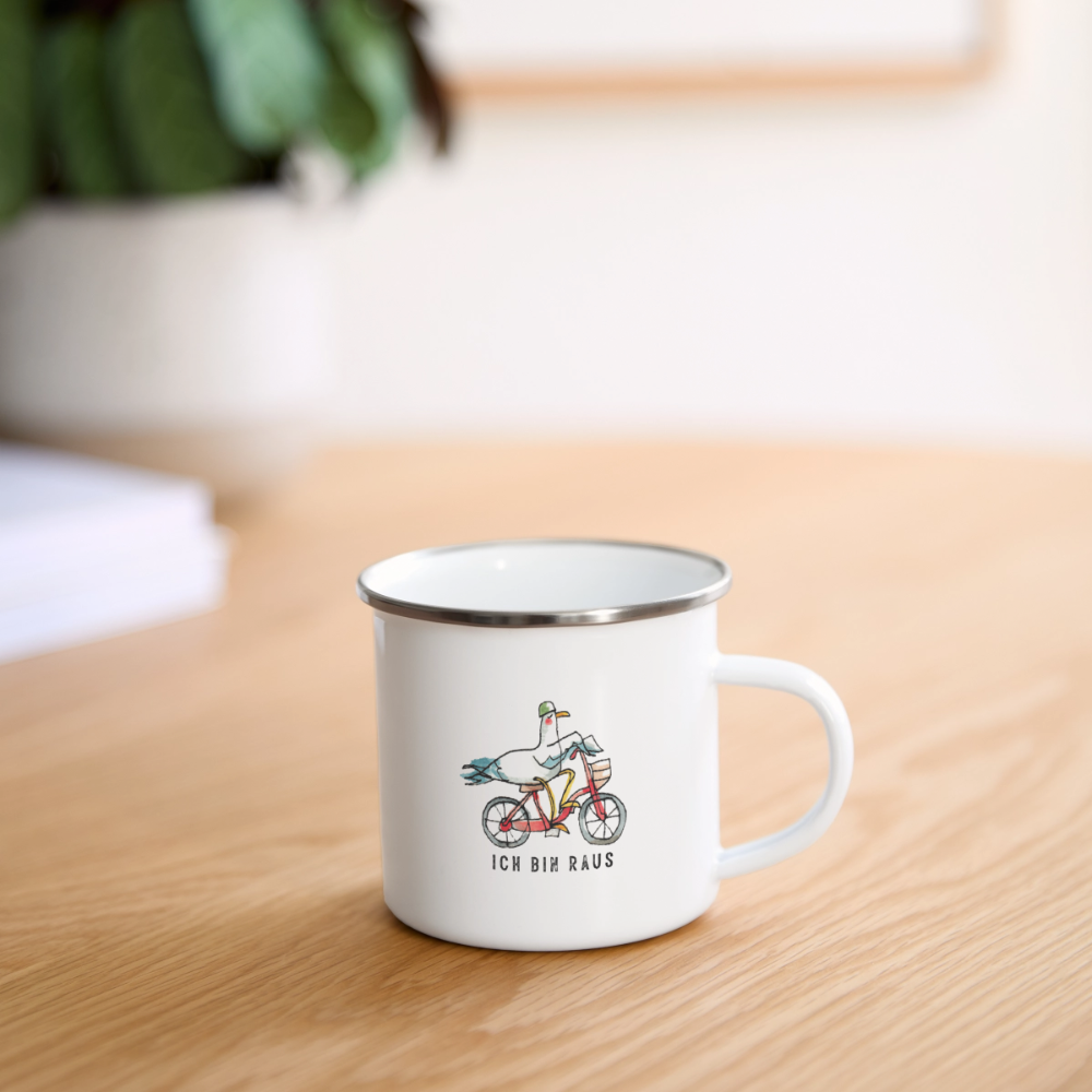 Ich bin raus – Maritime Emaille-Tasse mit Möwenmotiv - Weiß
