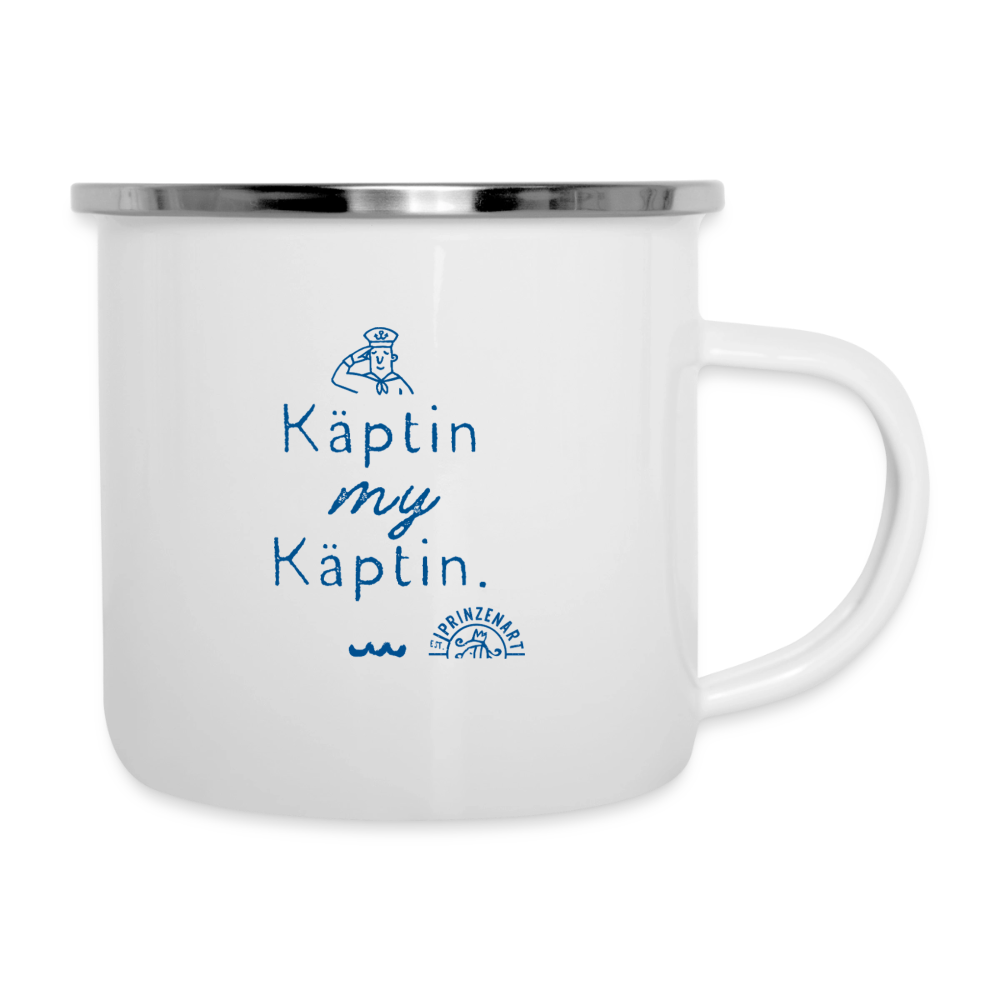 Käptin my Käptin. Maritime Emaille-Tasse für Meerliebhaber. - Weiß