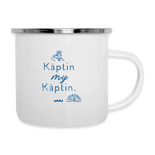 Käptin my Käptin. Maritime Emaille-Tasse für Meerliebhaber. - Weiß