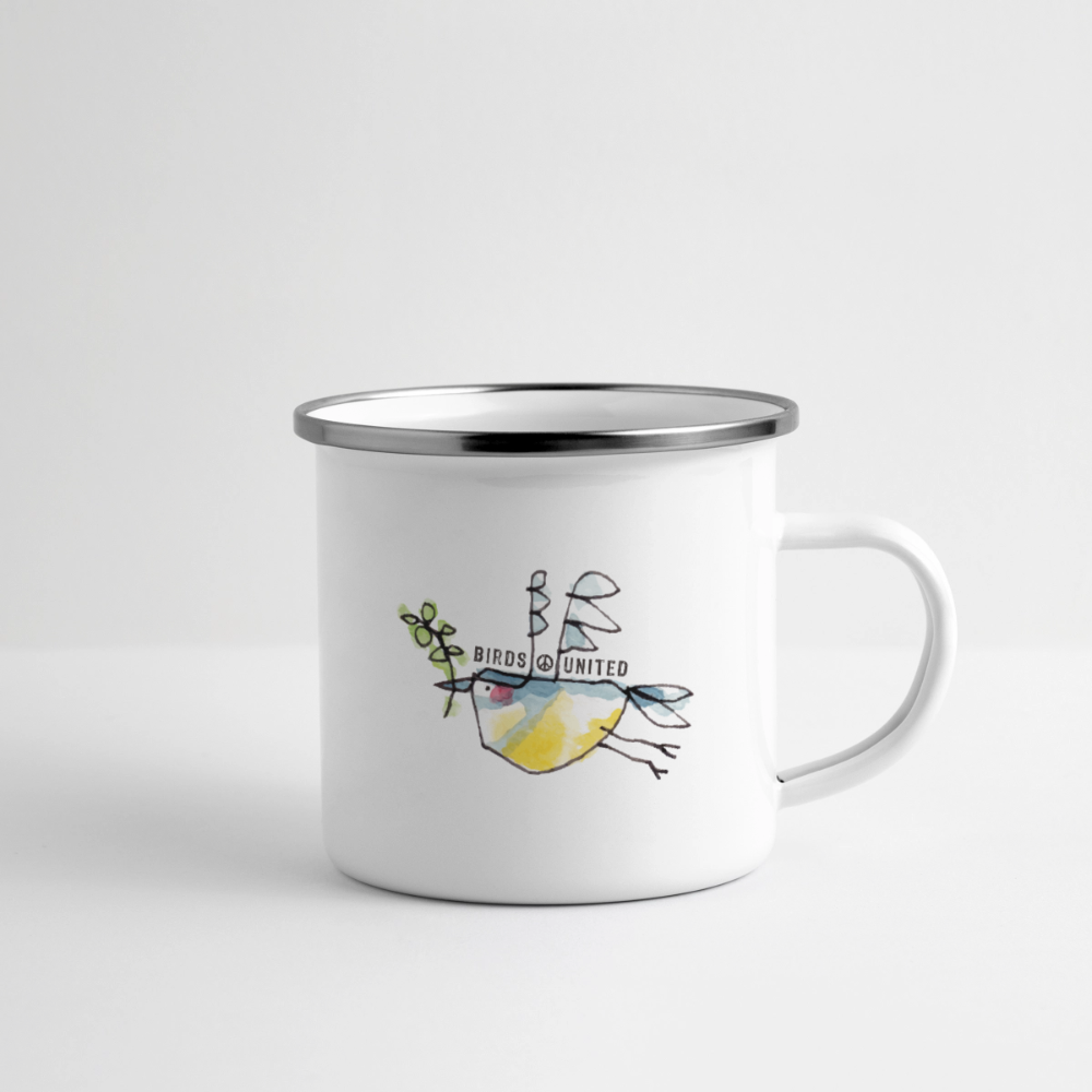 Birds United – Maritime Emaille-Tasse mit Meise - Weiß