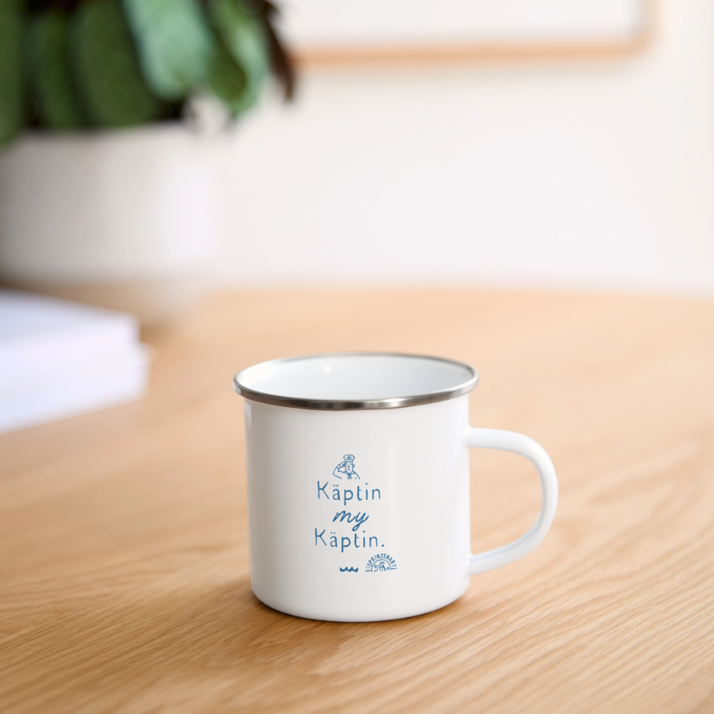 Käptin my Käptin. Maritime Emaille-Tasse für Meerliebhaber. - Weiß