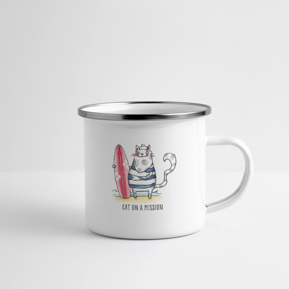 Strandkatze, Cat on a Mission – Emaille-Tasse für alle mit Fernweh im Blick - Weiß