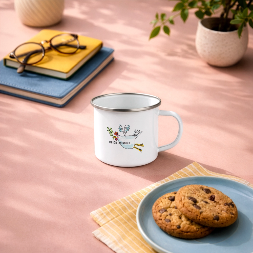 Chick on a Mission – Maritime Emaille-Tasse mit Friedenshuhn - Weiß