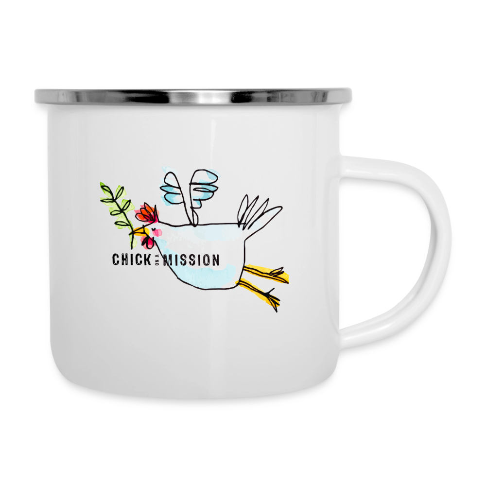 Chick on a Mission – Maritime Emaille-Tasse mit Friedenshuhn - Weiß