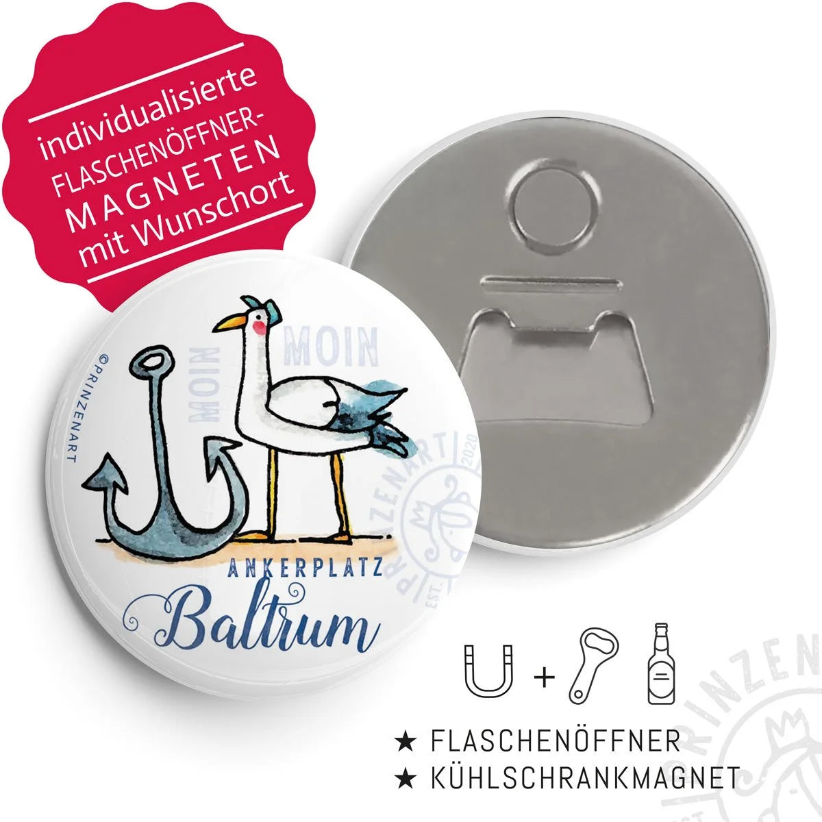 Flaschenöffner-Magnet Hajos Heimat Baltrum mit Möwe | Prinzenart
