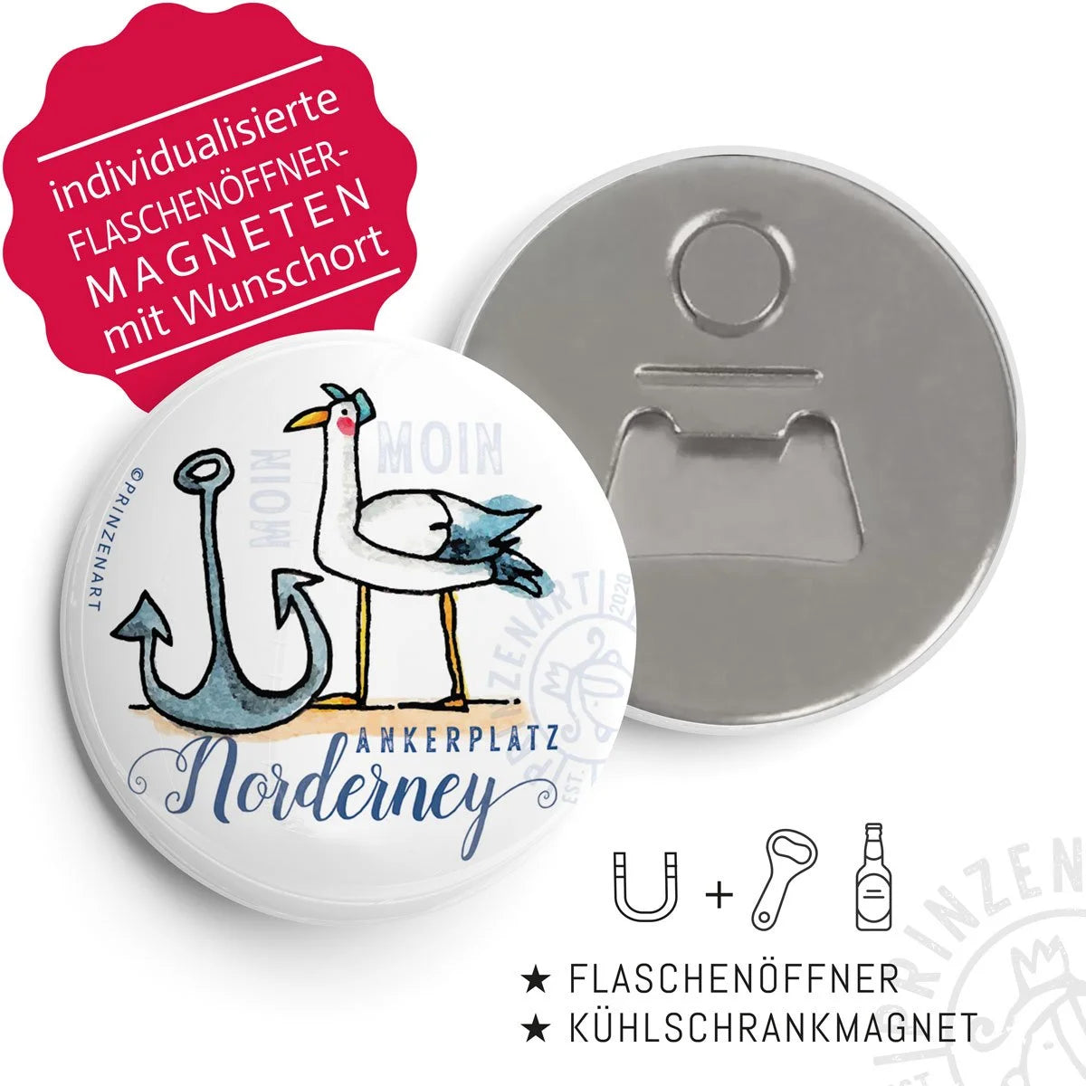 Flaschenöffner-Magnet Hajos Heimat Norderney mit Möwe | Prinzenart