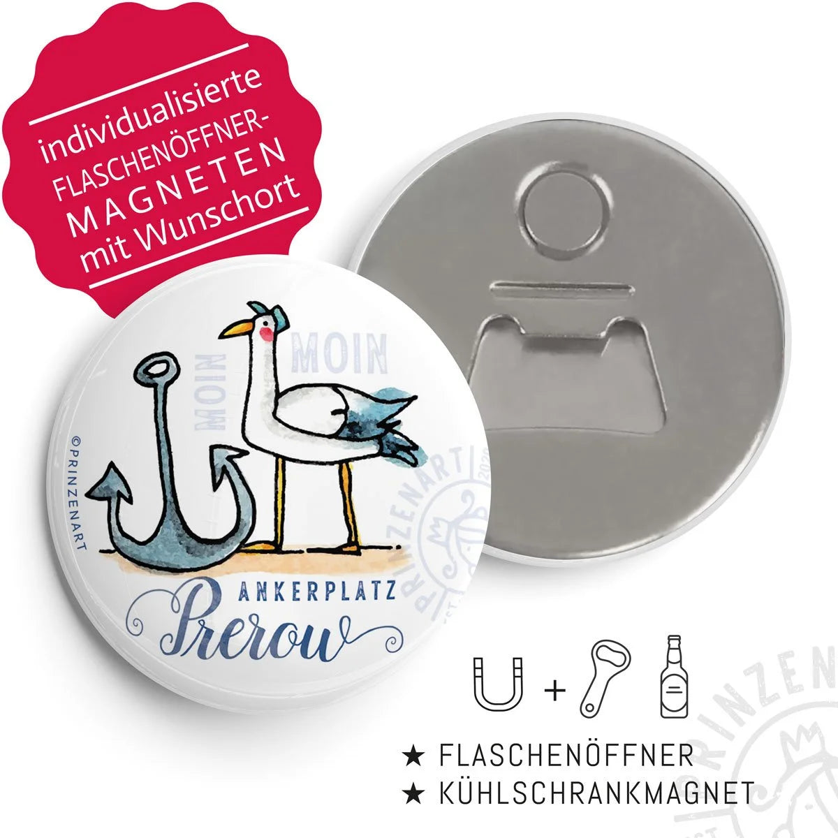 Flaschenöffner-Magnet Hajos Heimat Prerow mit Möwe | Prinzenart