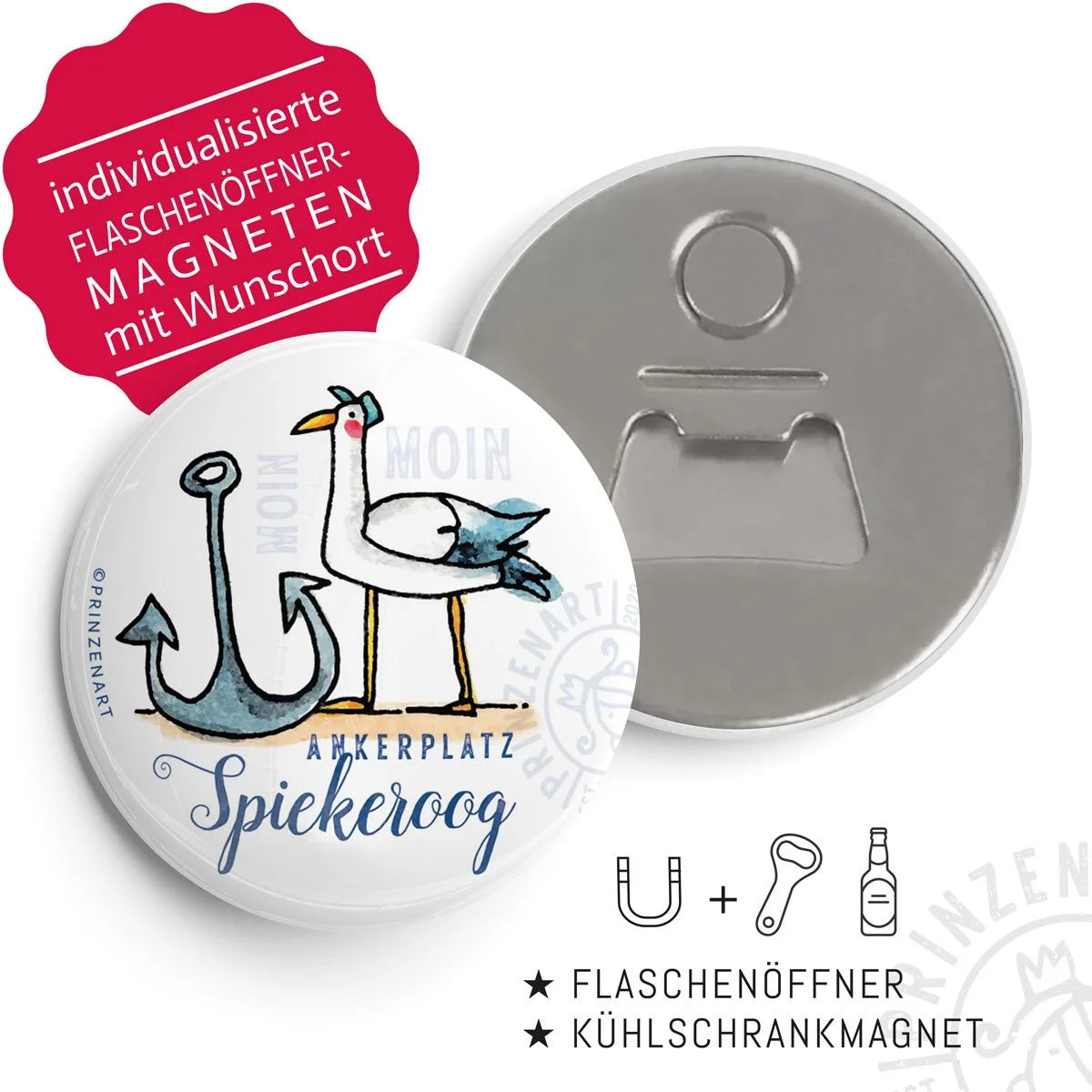 Flaschenöffner-Magnet Hajos Heimat Spiekeroog mit Möwe | Prinzenart