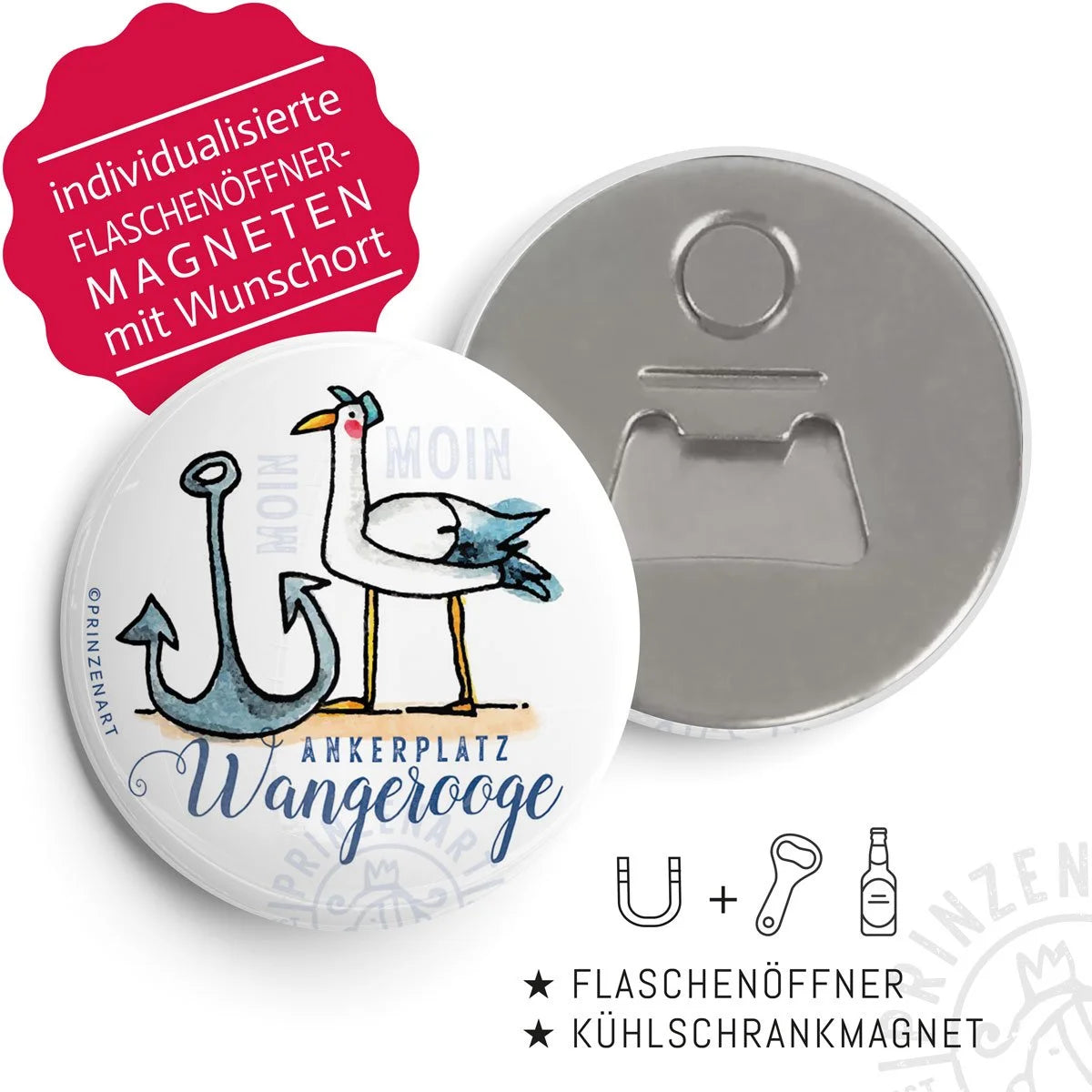 Flaschenöffner-Magnet Hajos Heimat Wangerooge mit Möwe | Prinzenart