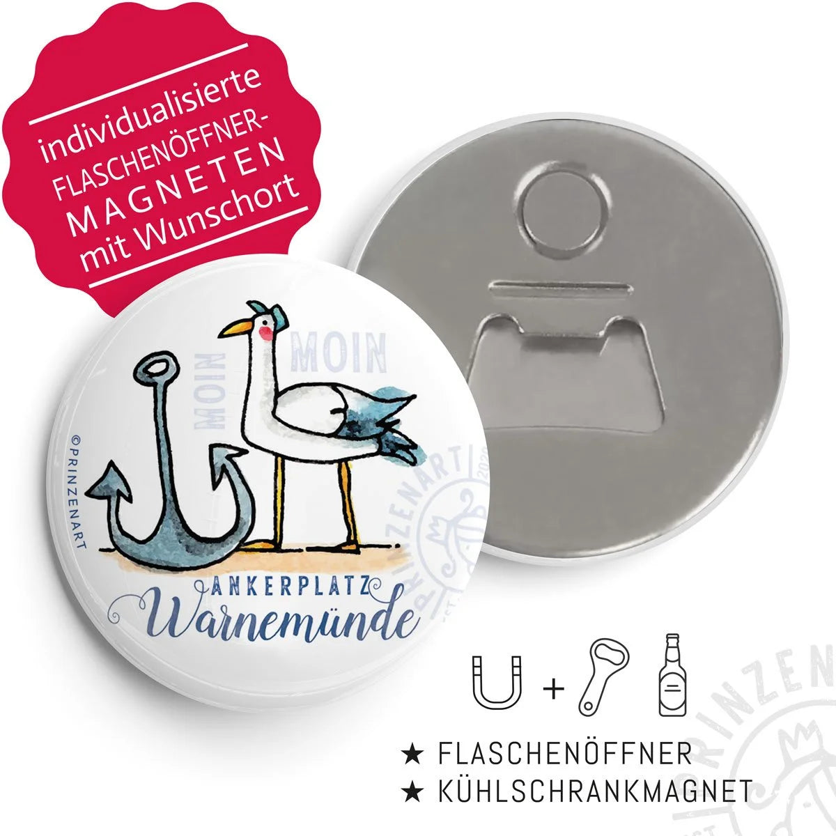 Flaschenöffner-Magnet Hajos Heimat Warnemünde mit Möwe | Prinzenart