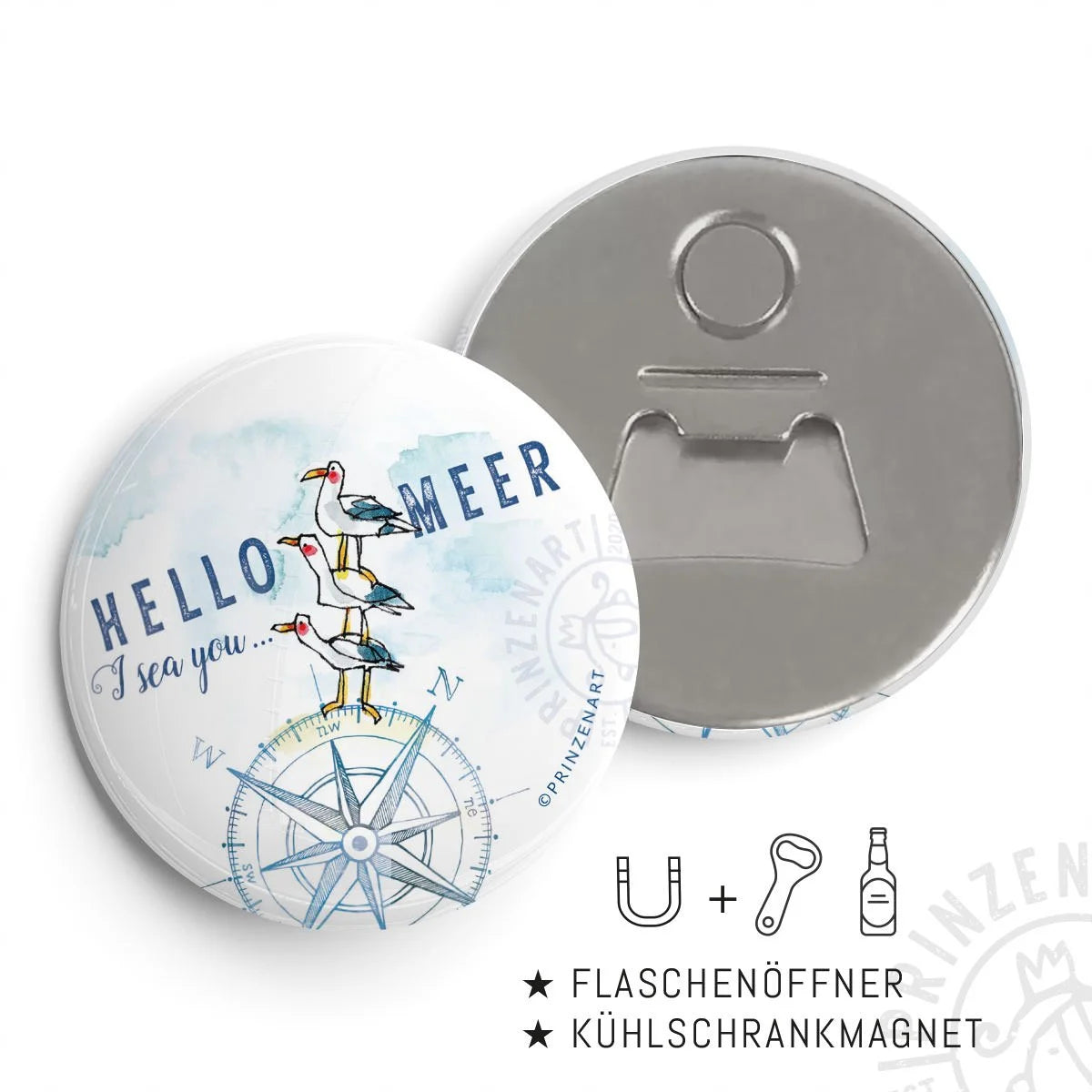 Flaschenöffner-Magnet mit drei Möwen und Kompass, Hello Meer I sea you, Hajos Welt | Prinzenart