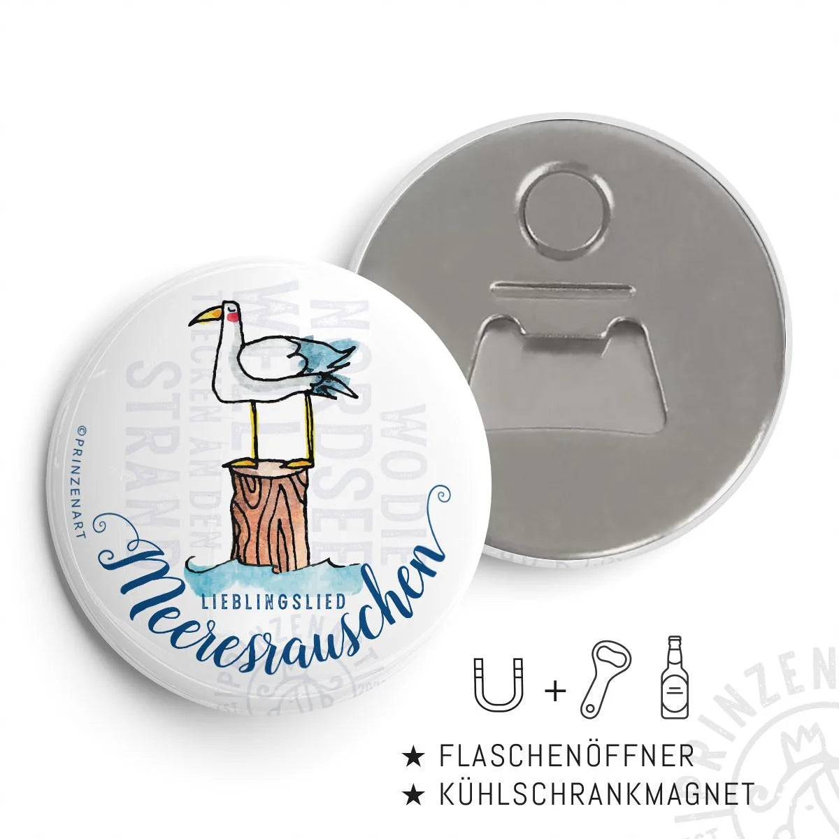 Flaschenöffner-Magnet mit Möwe auf Poller, Lieblingslied Meeresrauschen, Hajos Welt | Prinzenart