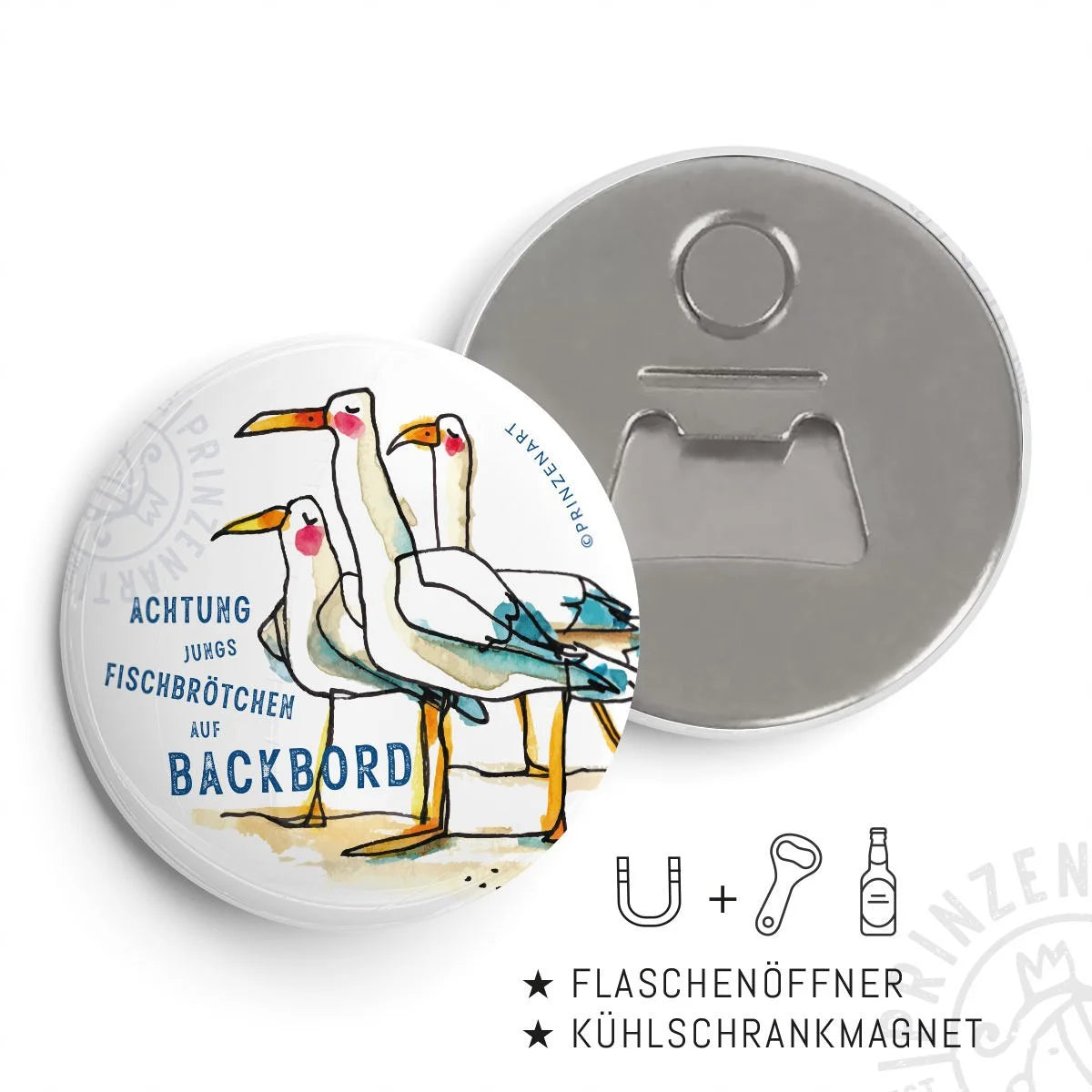 Flaschenöffner-Magnet mit Möwen-Gruppe, Spruch Fischbrötchen auf Backbord, Hajos Welt | Prinzenart