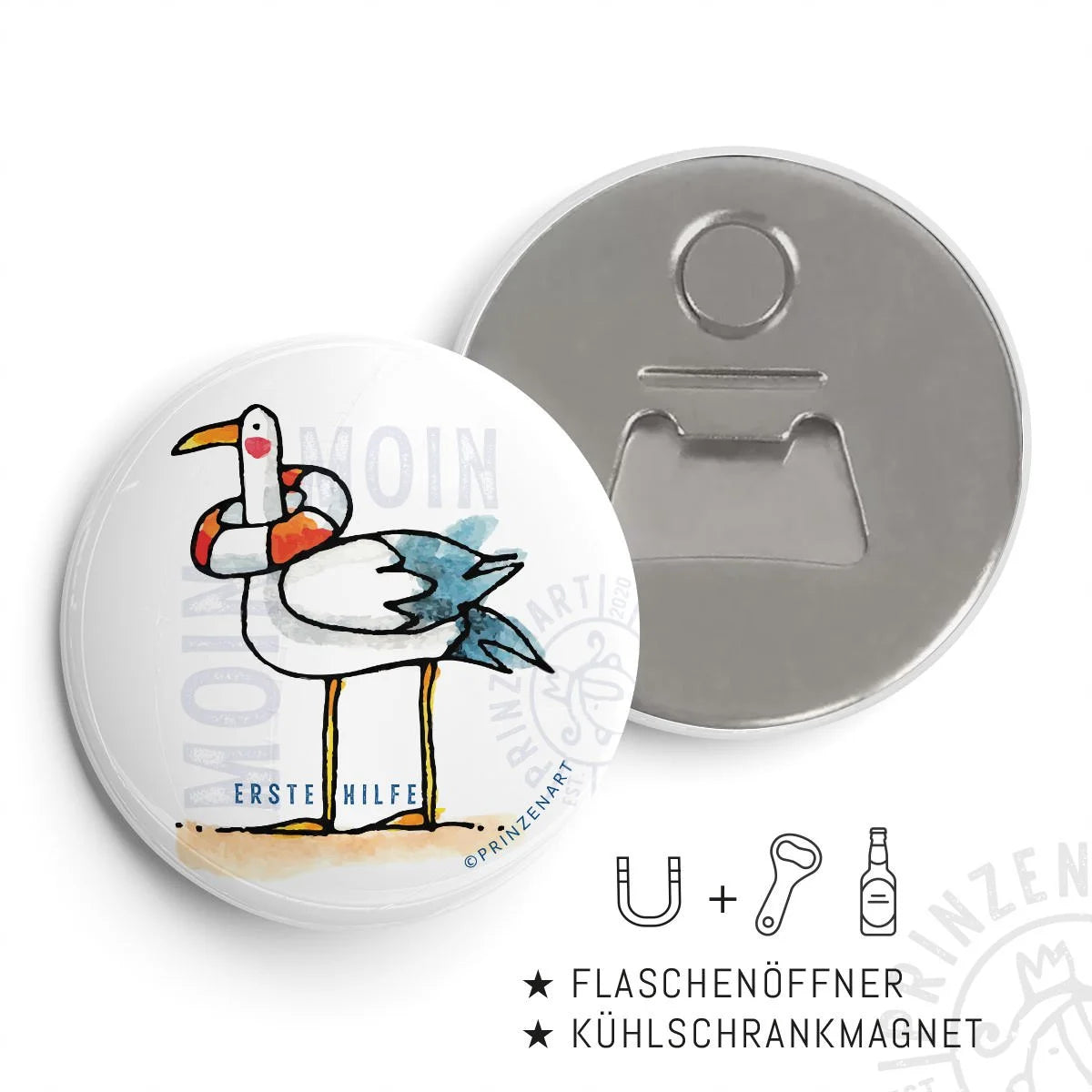 Flaschenöffner-Magnet mit Möwe und Rettungsring, Spruch Erste Hilfe Moin, Hajos Welt | Prinzenart