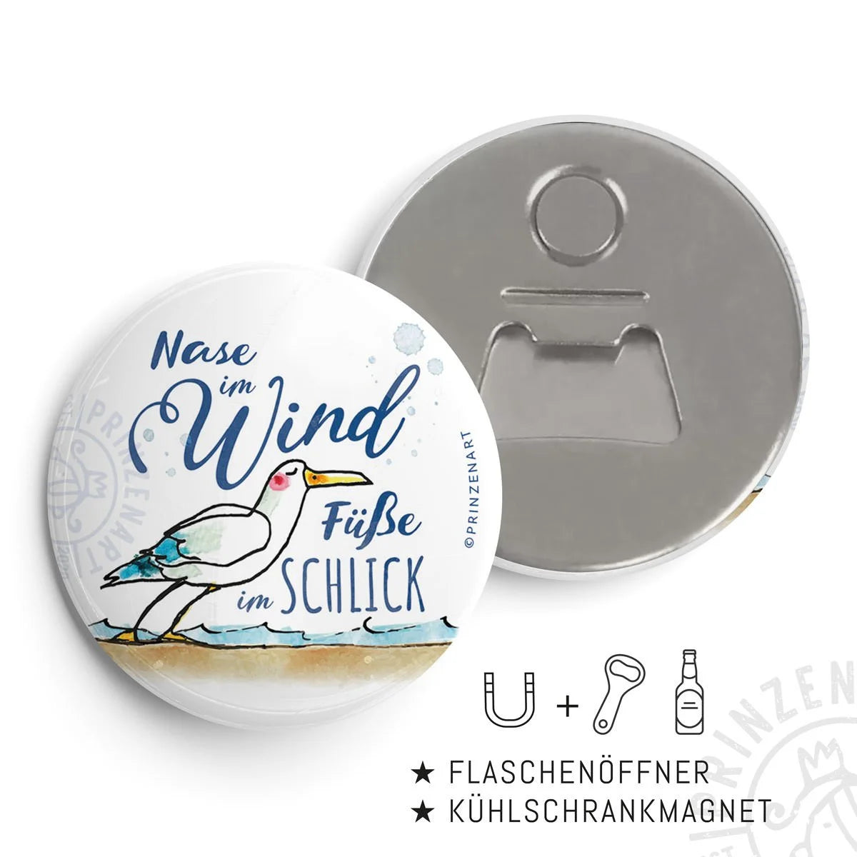 Flaschenöffner-Magnet mit Möwe am Strand, Nase im Wind Füße im Schlick, Hajos Welt | Prinzenart