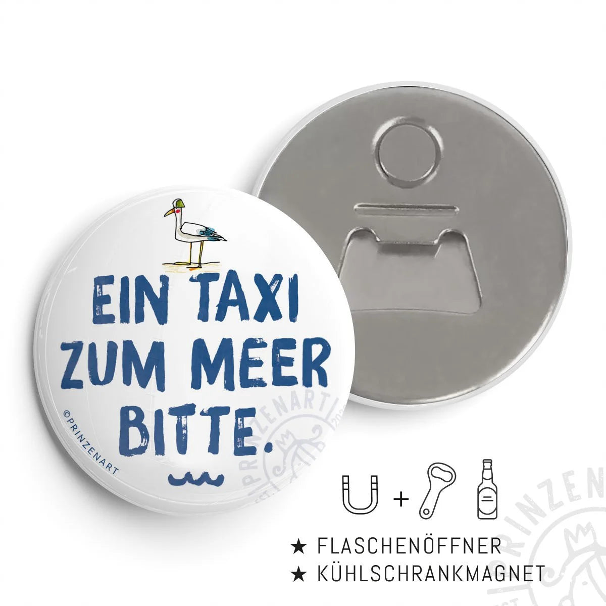 Flaschenöffner-Magnet Meersinn Taxi zum Meer, runder Kühlschrankmagnet | Prinzenart