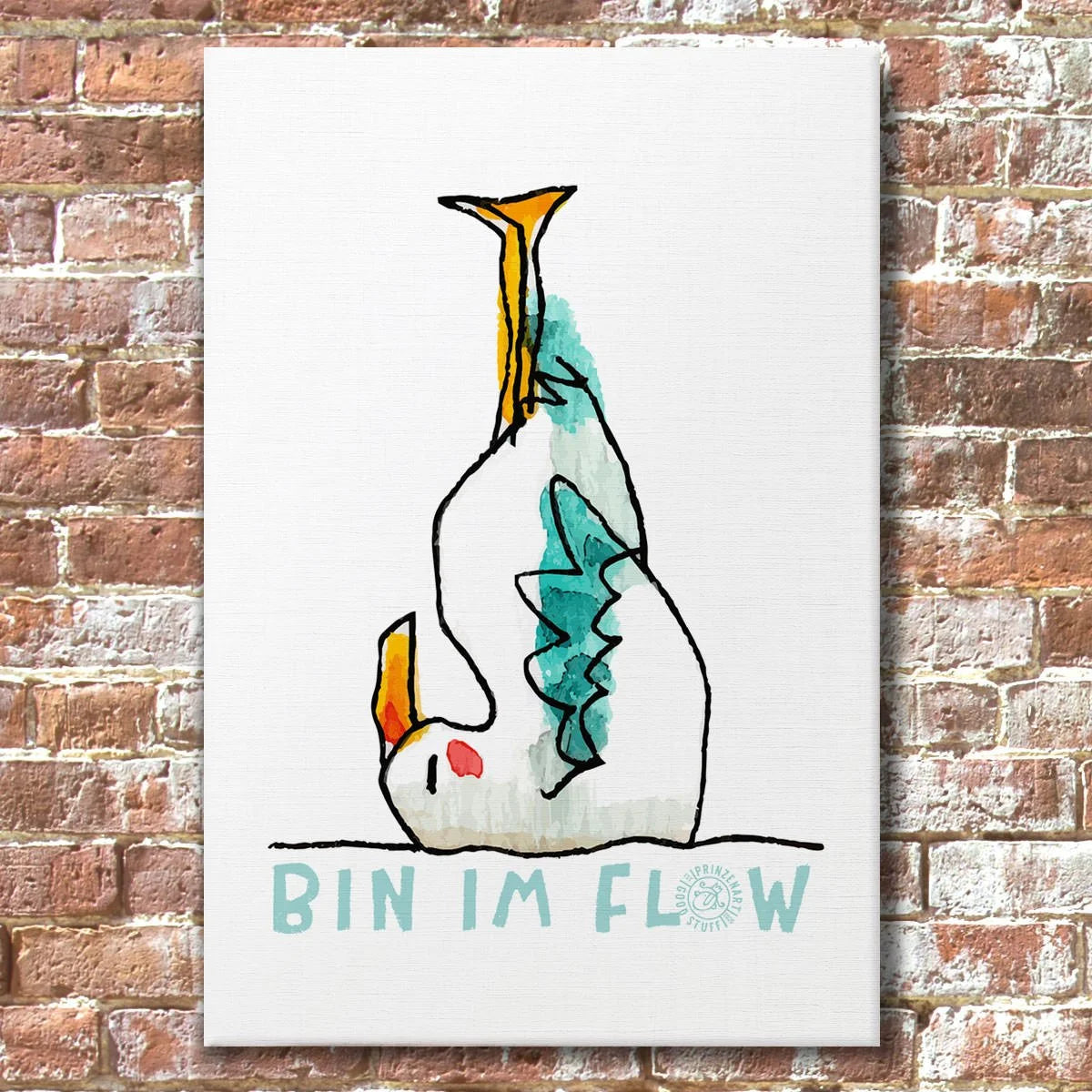Leinwand Moewe im Schulterstand, Yogamoewen Aquarell-Illustration an Backsteinwand | Prinzenart
