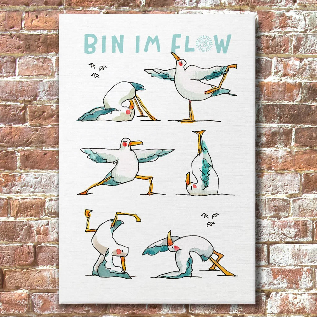 Leinwand sechs Moewen in Yoga-Posen Team Flow, Yogamoewen Aquarell-Illustration | Prinzenart