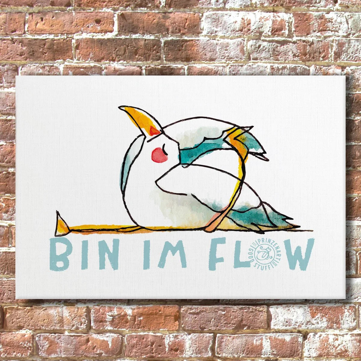 Leinwand Moewe in Affe-Yoga-Pose am Boden, Yogamoewen Aquarell-Illustration | Prinzenart