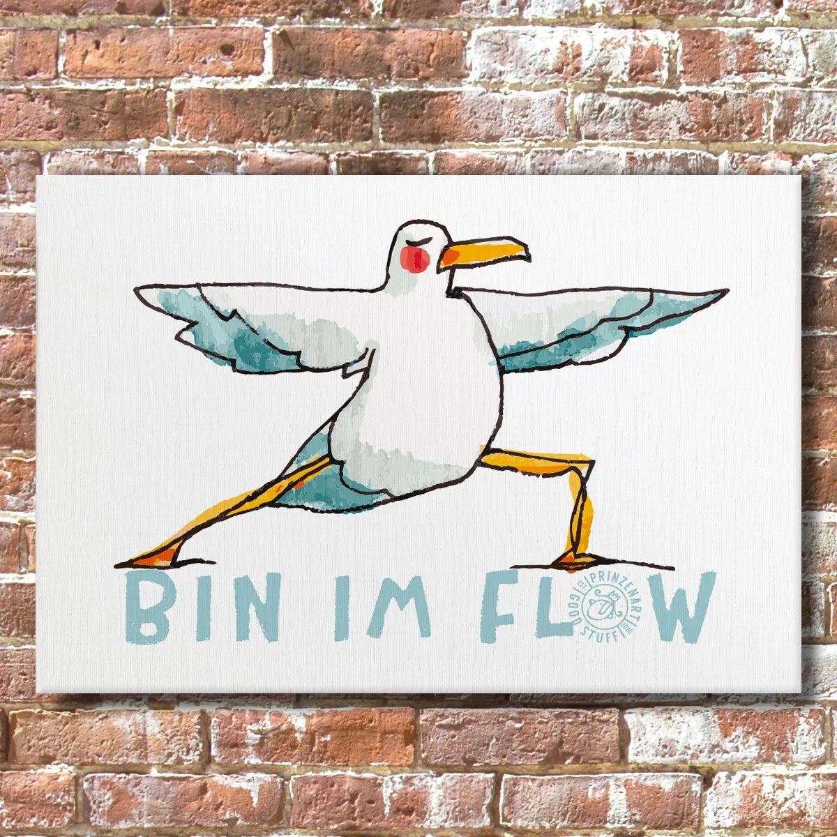 Leinwand Moewe in Heldin-Pose mit ausgestreckten Fluegeln, Yogamoewen Aquarell | Prinzenart
