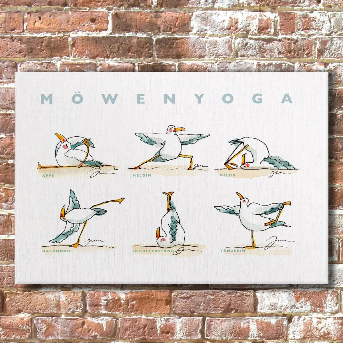 Leinwand sechs Moewen in verschiedenen Yoga-Posen, Moewenyoga Aquarell | Prinzenart