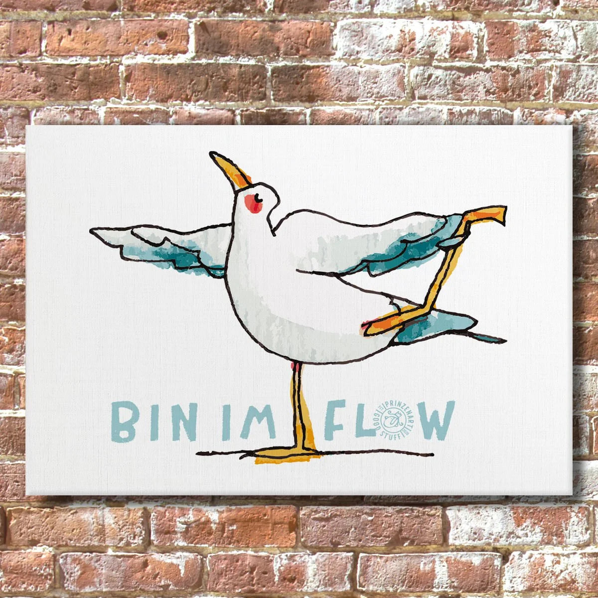 Leinwand Moewe in Taenzerin-Pose auf einem Bein, Yogamoewen Aquarell-Illustration | Prinzenart