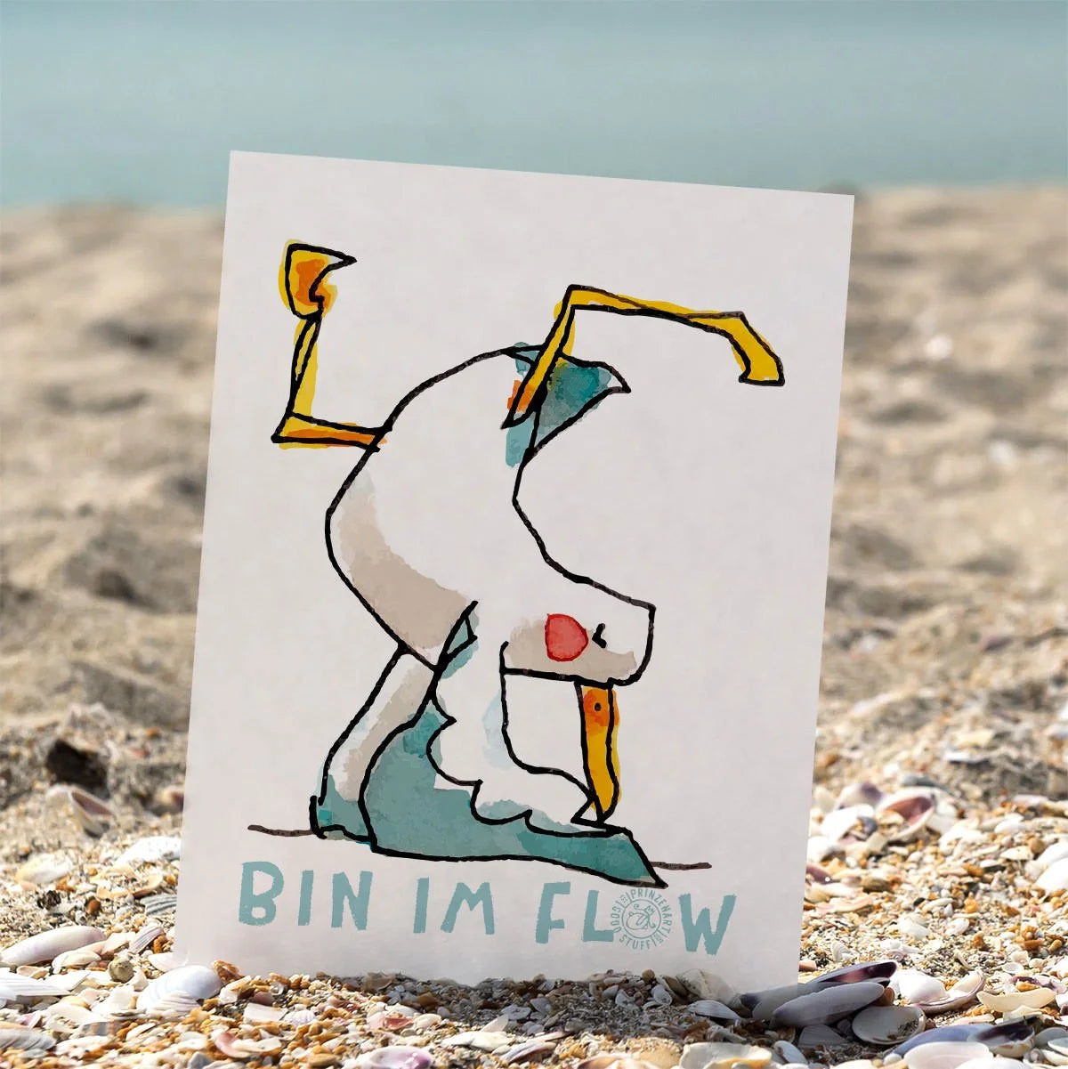 Postkarte Yogamöwe Unterarmstand-Pose am Strand, Aquarell-Illustration | Prinzenart