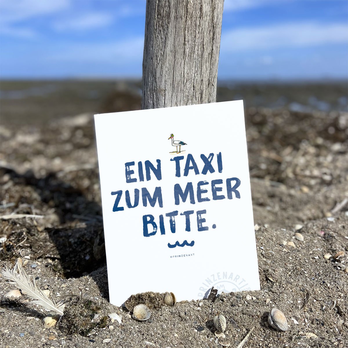 Meersinn-Postkarte maritimer Spruch, Taxi zum Meer, Aquarell am Strand | Prinzenart
