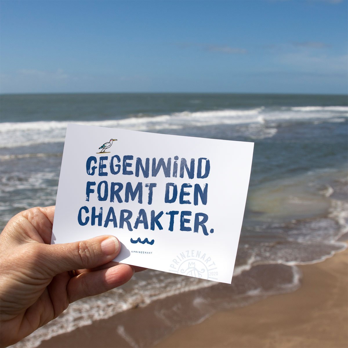 Meersinn-Postkarte Text Gegenwind, maritimer Spruch am Strand | Prinzenart